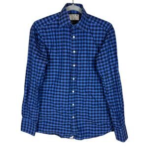 Thomas Pink Dress Shirt Men's 14.5 Navy Blue Check Cotton Slim Fit Career Formal